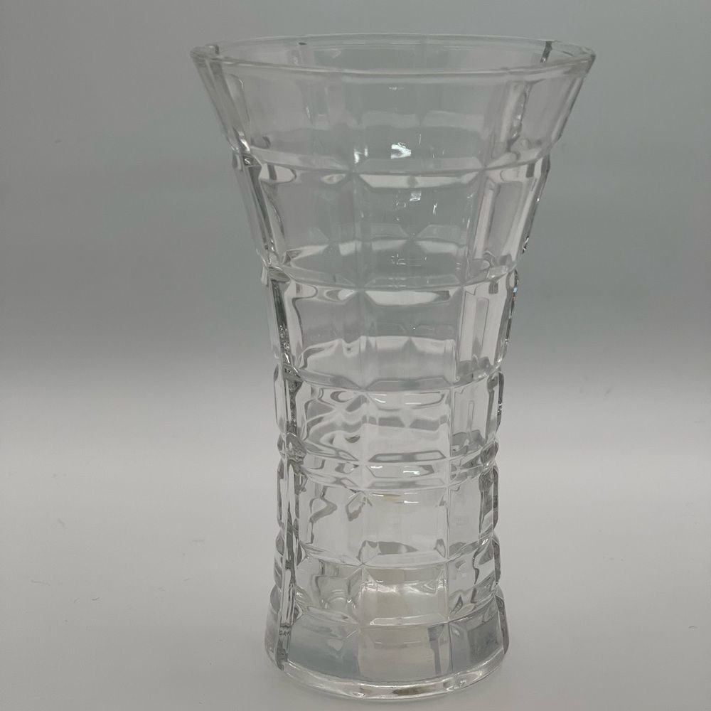 Vintage Clear Glass Geometric Grid Flared Vase 5.25 Inch Centerpiece Decor